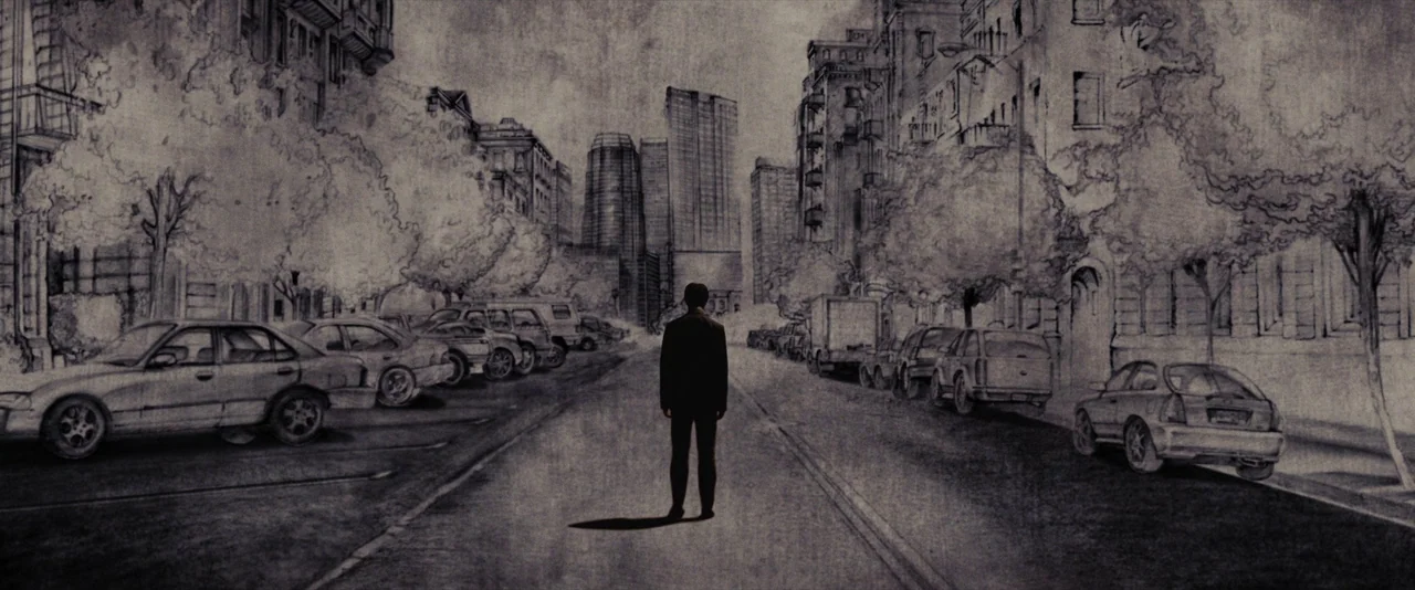 500 Days of Summer (2009) movie still: wide — A graphite-textured street scene depicts a wide urban road flanked by parked vehicles. A lone figure…