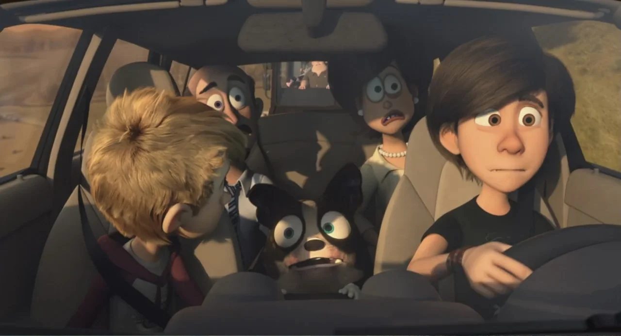 Luis and the Aliens (2018) movie still: medium — A family sits together inside a vehicle during a daylight commute. Four individuals and a small dog…