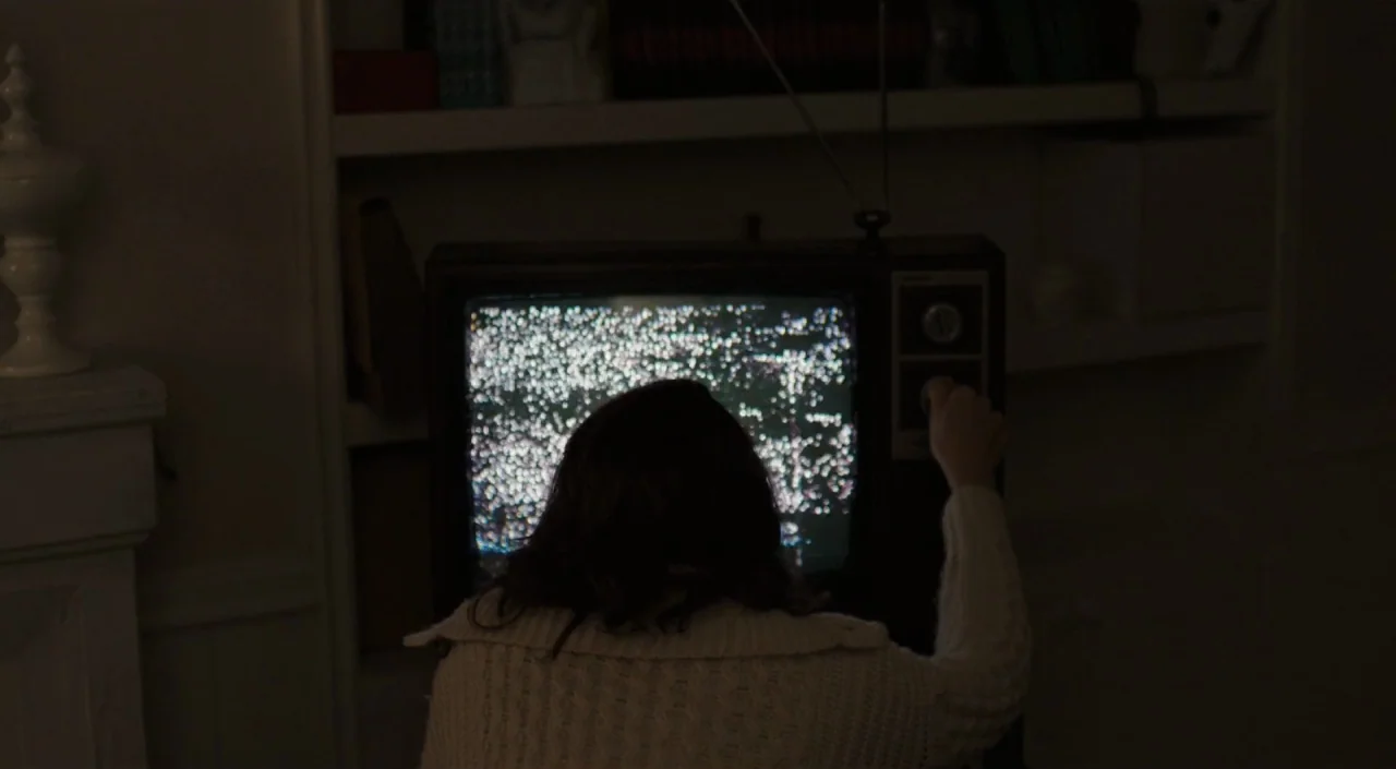 I Am The Pretty Thing That Lives In The House (2016) movie still: medium — A dimly lit room with a person facing a vintage wood-paneled television.…