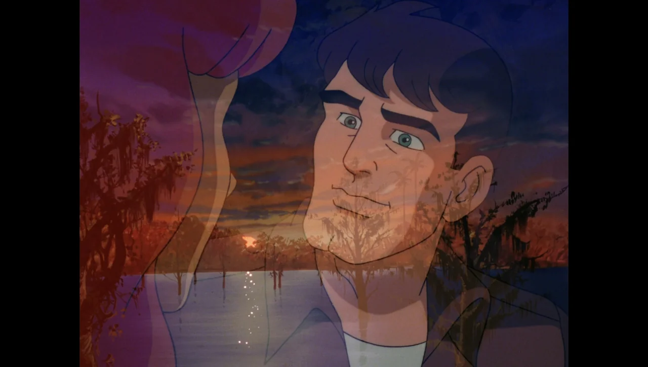 Scooby-Doo on Zombie Island (1998) movie still: closeup — A sunset over a water landscape with cypress trees is layered over two characters. A man…