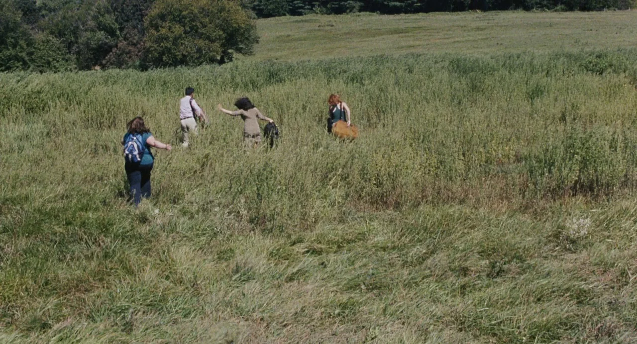 The Happening (2008) movie still: wide — An open field of tall green grass stretches toward a line of trees. Four individuals walk away from the…
