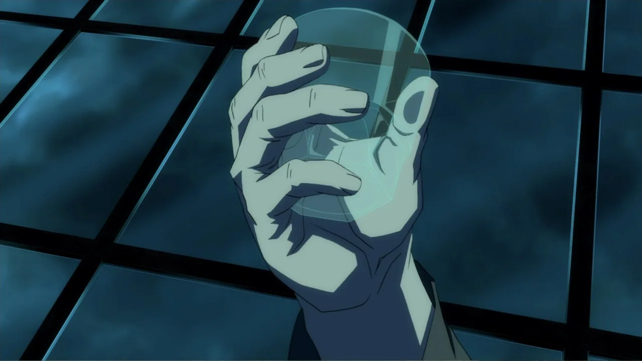 Batman: The Dark Knight Returns, Part 1 (2012) movie still: closeup — A close-up shot focuses on a hand holding an empty glass against a window. The…