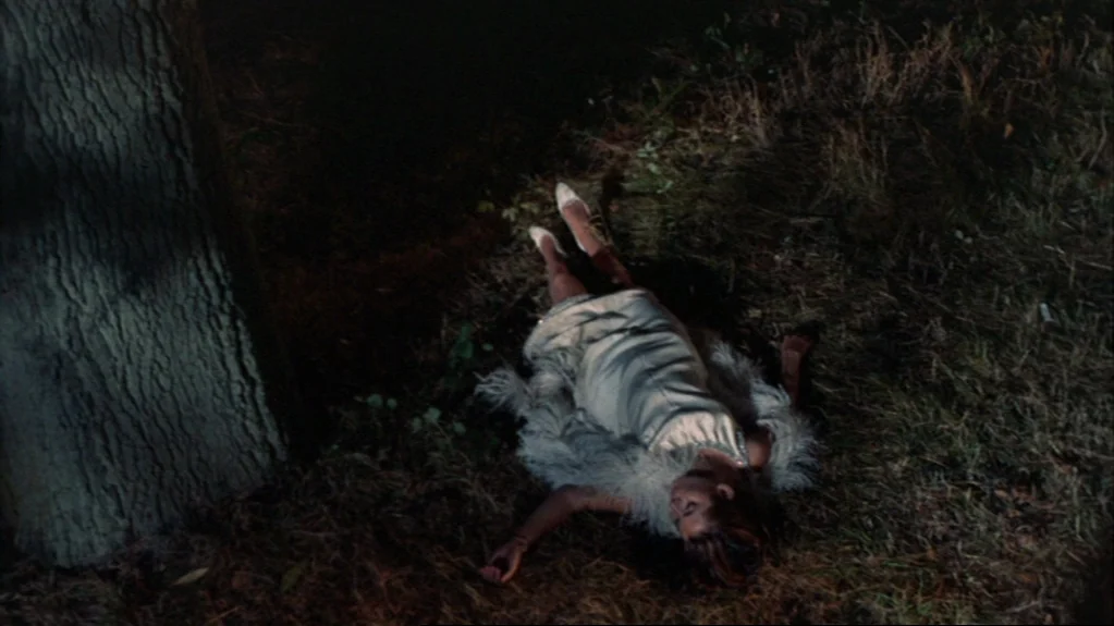 Accident (1967) movie still: fullbody — A dark, grassy area at night sits adjacent to a large tree trunk. A woman in a dress and feathered shawl…