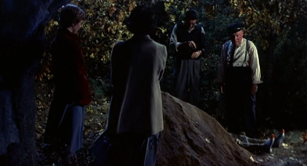 The Trouble With Harry (1955) movie still: fullbody — A dark, wooded area featuring a pile of fresh dirt indicating a recent burial. Four people…