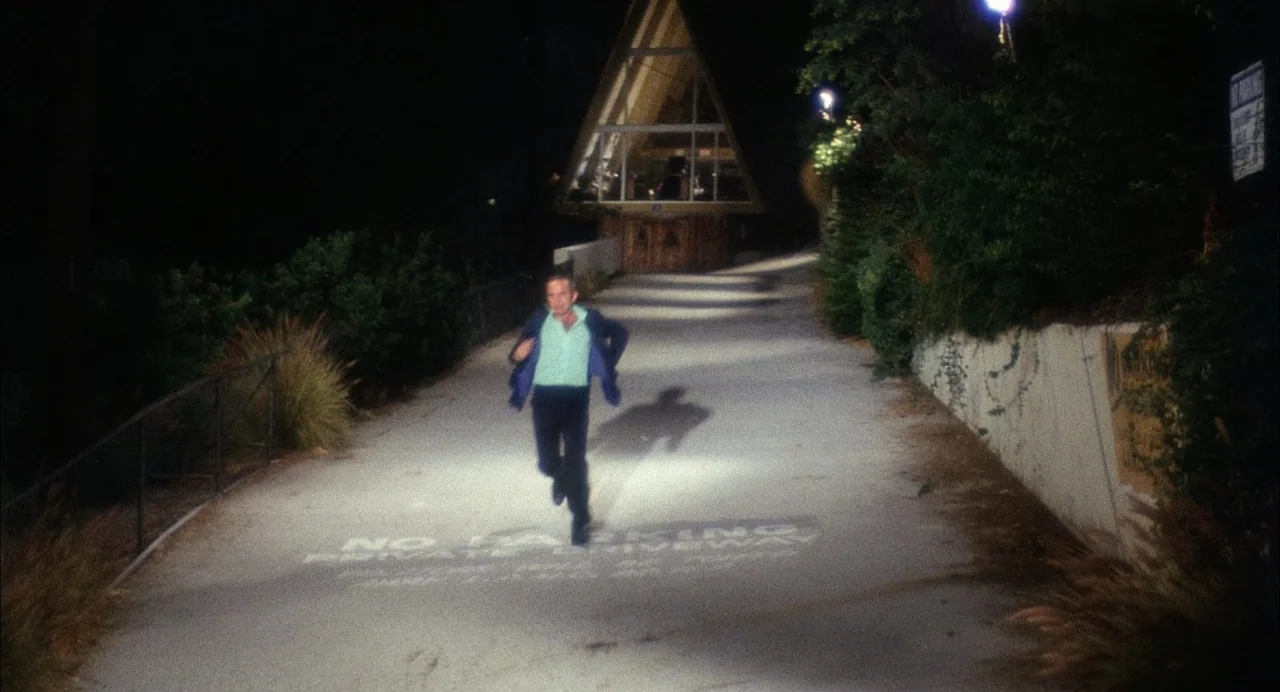 The Killing of a Chinese Bookie (1976) movie still: wide — A dark, paved residential driveway illuminated by harsh streetlights at night. A…