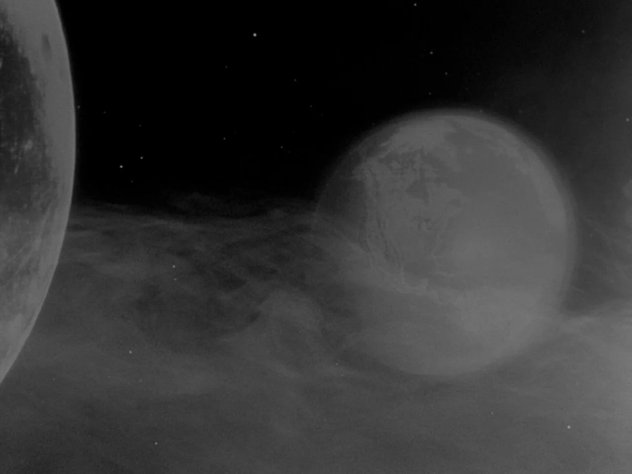 The Day the Earth Stood Still (1951) movie still: establishing — Two planetary bodies orbit within a thick, cloudy field of interstellar gas and…
