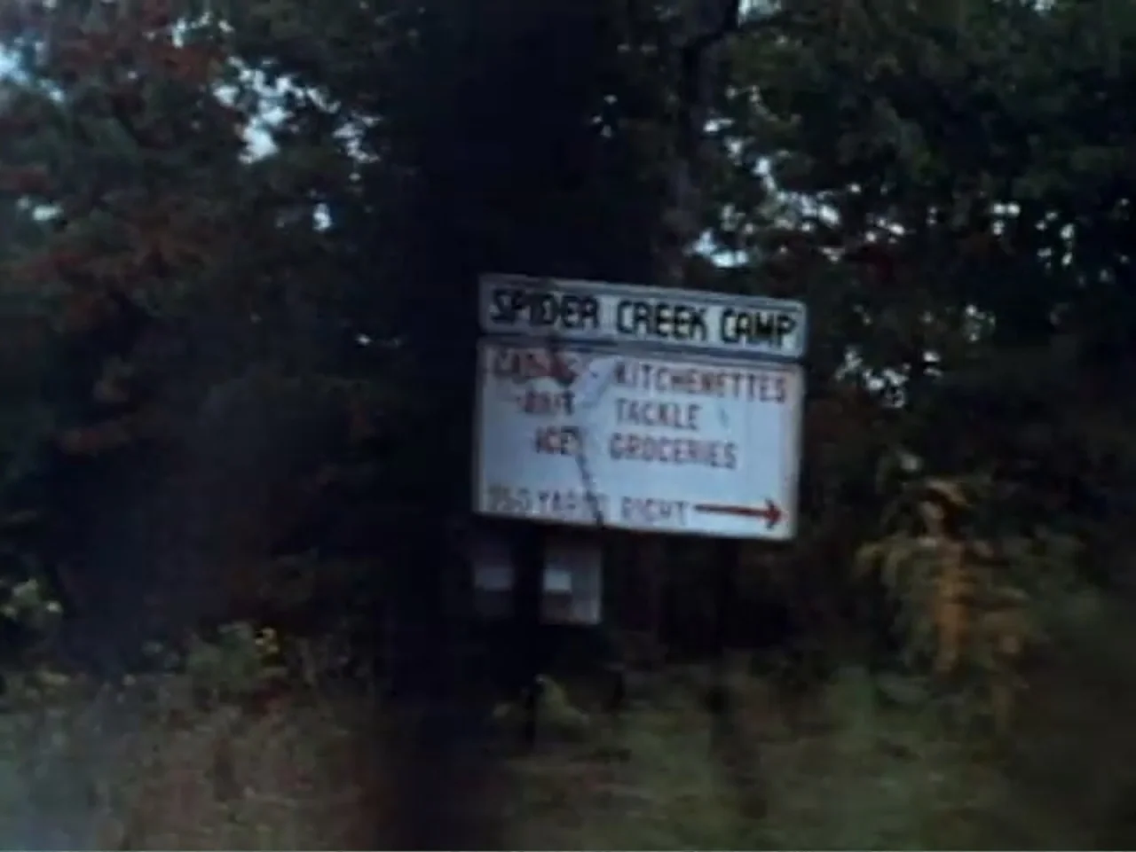 It's Alive (1974) movie still: medium — A weathered wooden sign for Spider Creek Camp stands in a dense, dark forest. The sign lists amenities like…