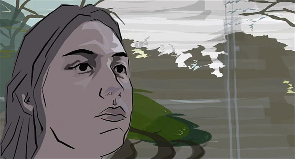 Waking Life (2001) movie still: closeup — A rotoscoped person is shown in a close-up against a stylized park background. The subject gazes away from…