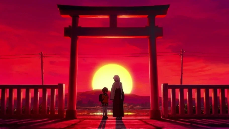 Dan Da Dan: First Encounter (2024) movie still: wide — A torii gate stands silhouetted against a brilliant sunset over distant rural mountains. A…