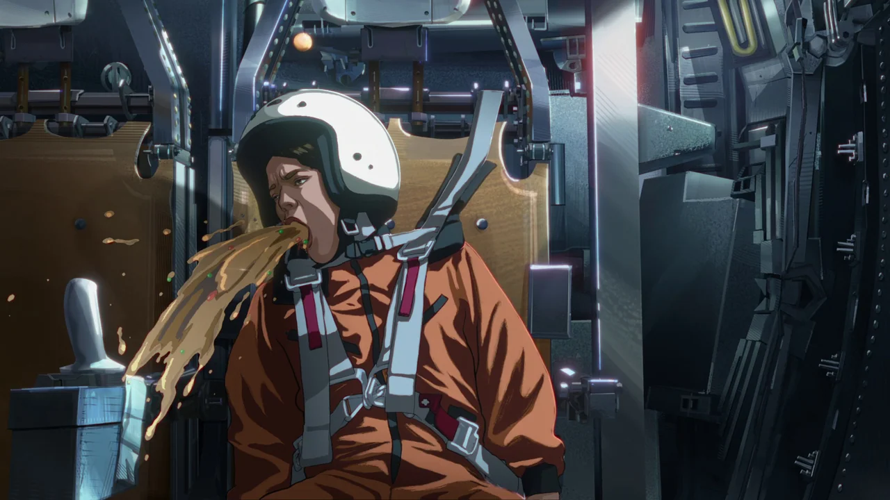 Apollo 10½: A Space Age Childhood (2022) movie still: medium — A pilot sits in a compact, metallic environment filled with various mechanical levers…