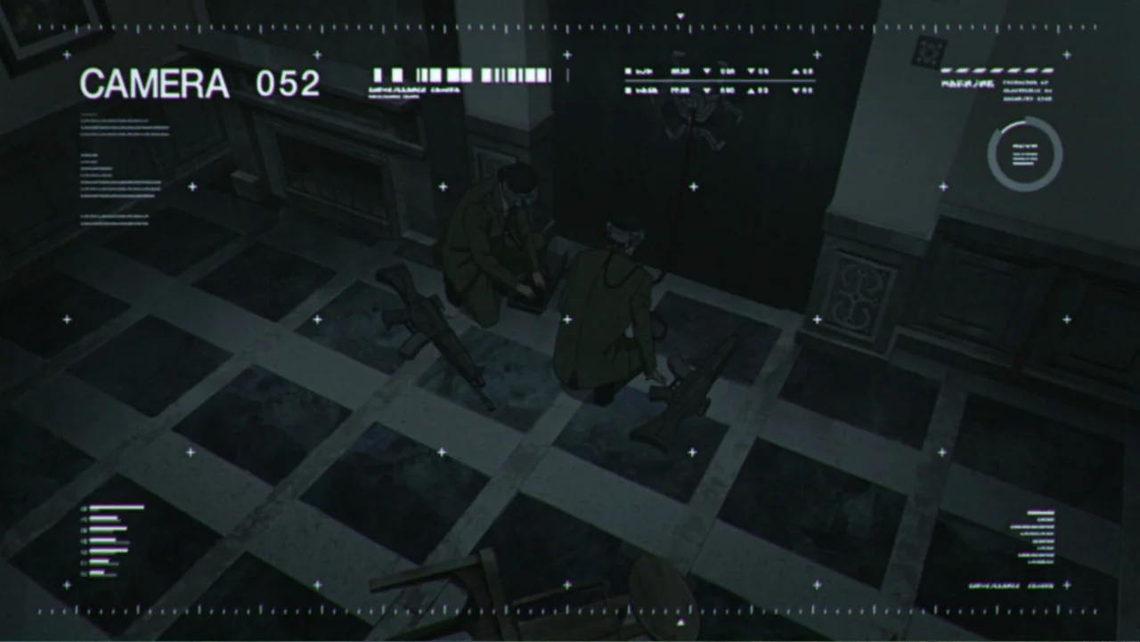 Ghost in the Shell: The New Movie (2015) movie still: wide — A high-angle view of a tiled interior space with a security camera overlay. Two figures…