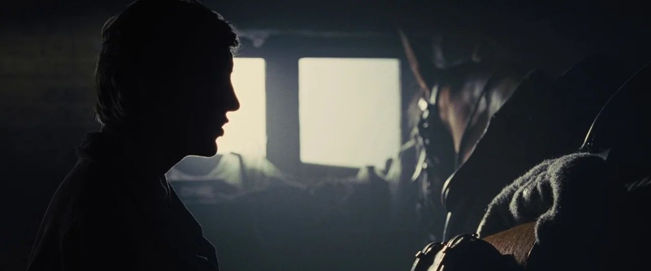 War Horse (2011) movie still: medium — A dark, dimly lit stable interior features a window casting bright light through dust. A young person stands…