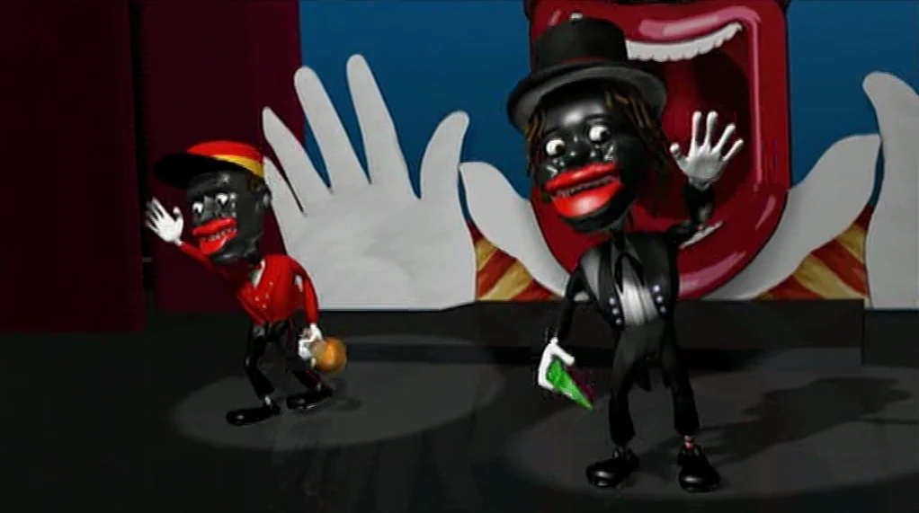 Bamboozled (2000) movie still: medium — A theatrical stage features two 3D animated characters against a stylized backdrop. The figures wave to an…
