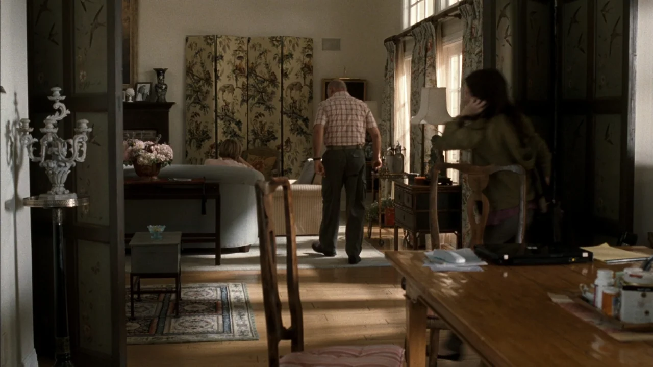 F Valentine's Day (2026) movie still: medium — A well-furnished living room features patterned room dividers and large windows with floral curtains.…