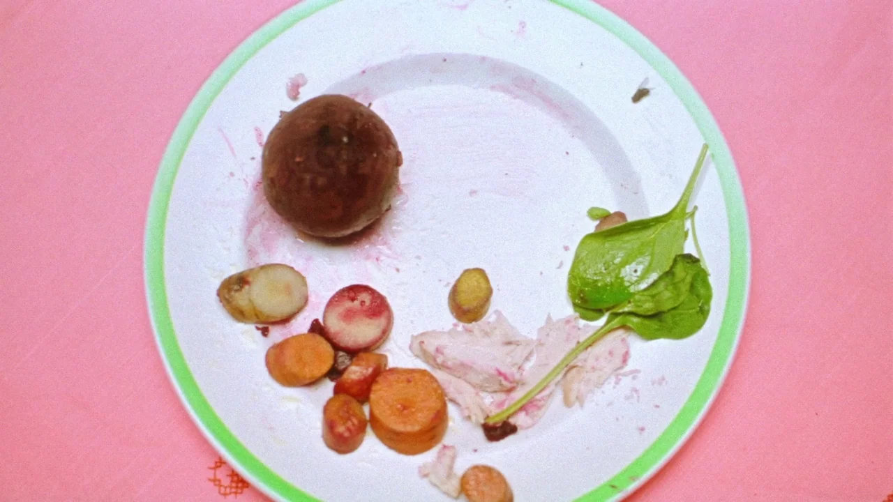 Strawberry Mansion (2021) movie still: closeup — A white plate with a green rim sits on a bright pink tablecloth. The plate contains various cooked…
