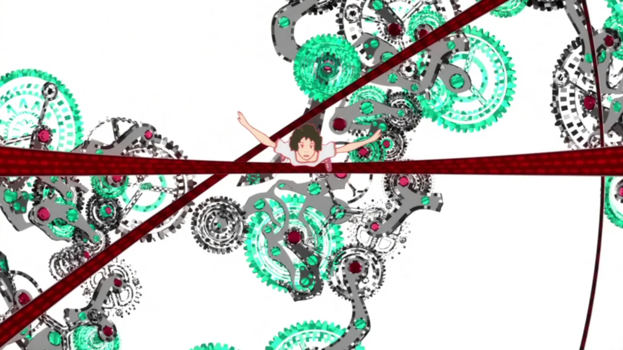 The Girl Who Leapt Through Time (2006) movie still: wide — A surreal void filled with floating mechanical gears and crisscrossing red ribbons. A…