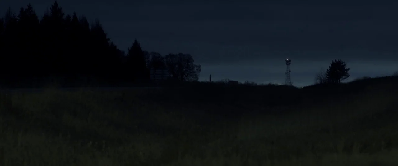 The Void (2016) movie still: establishing — A dark, silhouetted landscape at night features a thick line of trees. A distant metal communication…