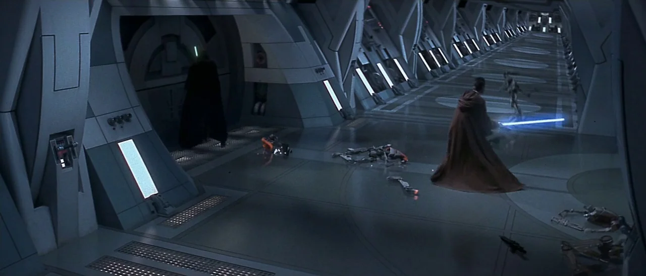 Star Wars: Episode I – The Phantom Menace (1999) movie still: wide — A long metallic spaceship corridor with recessed lighting panels stretches into…