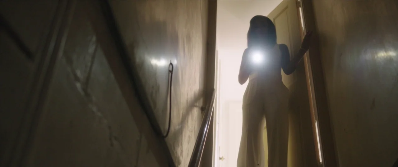 Da Sweet Blood of Jesus (2014) movie still: fullbody — A darkened interior stairwell with a wooden handrail running along the shadowed wall. A woman…