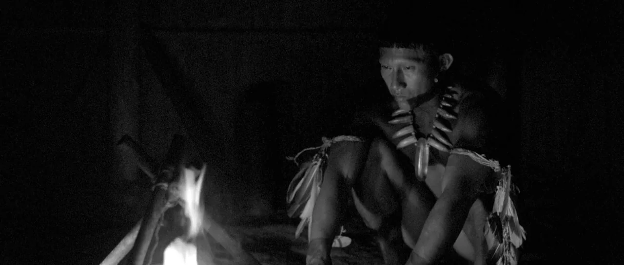 Embrace Of The Serpent (2015) movie still: medium — A dark indoor space illuminated only by a small crackling wood fire. A man crouches beside the…