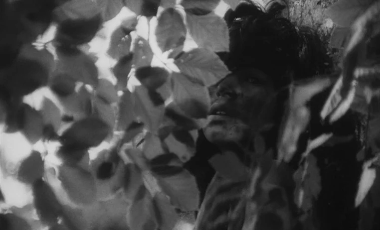 The Wild Child (1970) movie still: closeup — A man stands partially obscured by dense foliage and leaves in a natural setting. He looks through the…