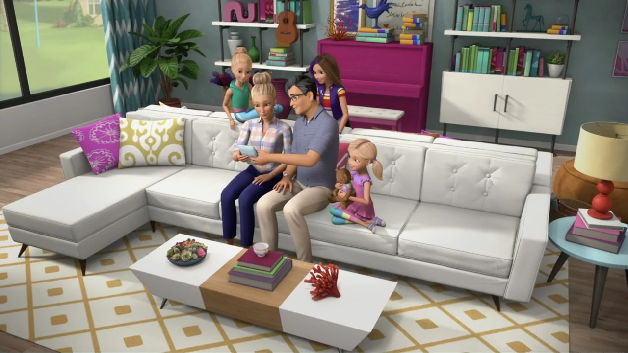 Barbie: Big City, Big Dreams (2021) movie still: wide — A modern living room features a white sectional couch and a wooden coffee table. A family…