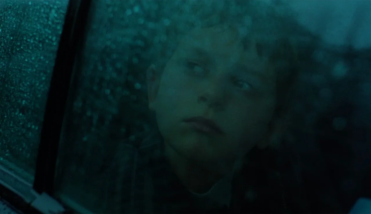 The Ring (2002) movie still: closeup — A dark vehicle interior with water droplets distorting the view through the side window. A young boy stares…