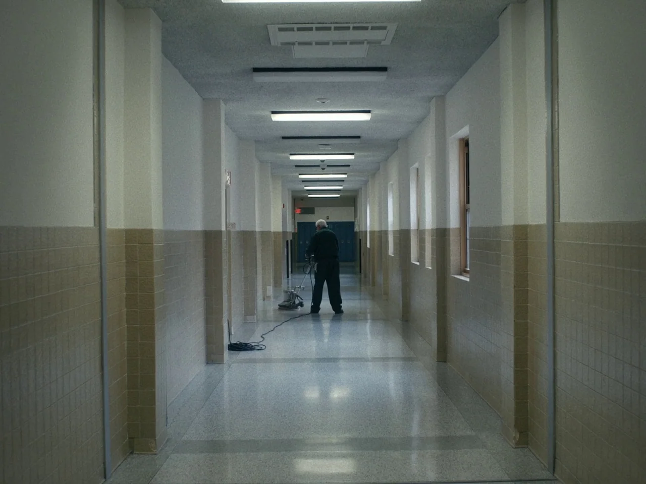 I’m Thinking of Ending Things (2020) movie still: wide — A long school corridor features walls with tan lower tiles and white upper paint. An older…