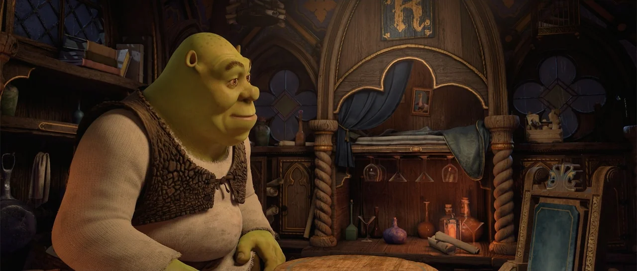 Shrek Forever After (2010) movie still: medium — An ornate wooden cabin interior with built-in shelves and carved decorative columns. A…