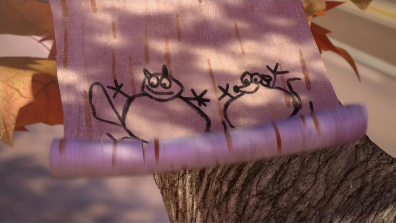 The Nut Job (2014) movie still: closeup — A piece of pale, textured tree bark is rolled partially down a rough tree trunk. Two simple, black,…