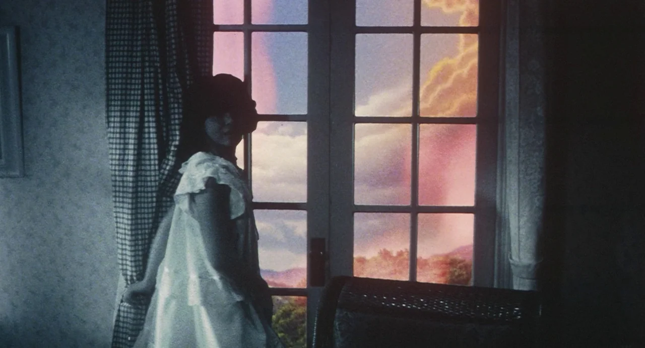 School in the Crosshairs (1981) movie still: medium — A dark interior room features a young girl standing next to a paneled window. Outside the…