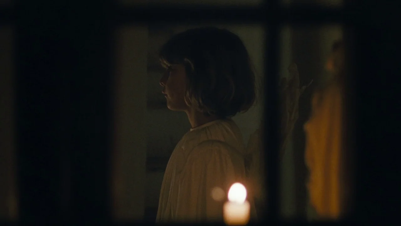 Childhood of a Leader (2015) movie still: medium — A child in a white shirt and angel wings stands in a dark room. The view is partially obstructed…