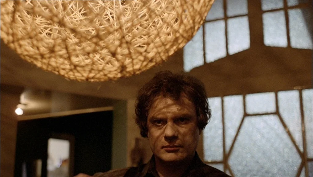 In A Year Of Thirteen Moons (1978) movie still: closeup — An interior space features a large textured woven light fixture hanging above a man. The…