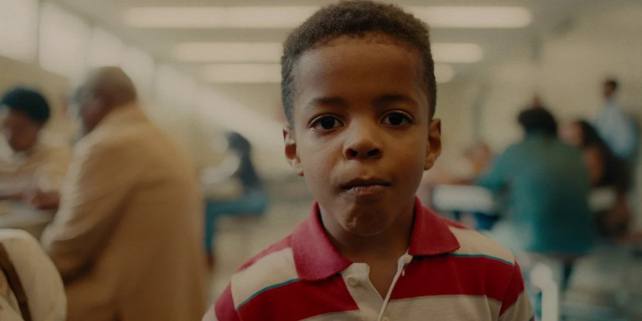 If Beale Street Could Talk (2018) movie still: closeup — A crowded public cafeteria has long rows of tables and fluorescent ceiling lights. A young…