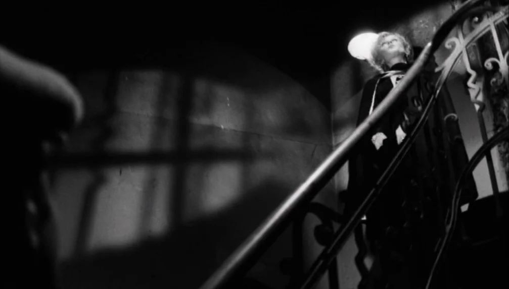 Veronika Voss (1982) movie still: medium — A staircase with an ornate iron railing ascends into deep shadow. A woman stands on the stairs looking up…