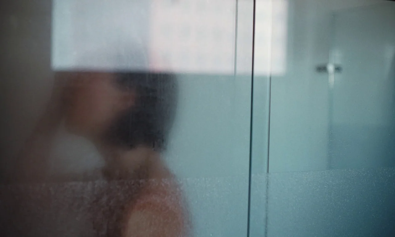 Resurrection (2022) movie still: closeup — A person stands inside a glass-enclosed shower stall with heavy condensation on the glass. The silhouette…
