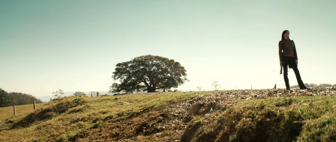 Daybreakers (2009) movie still: wide — A desolate grassy ridge under a pale sky features a lone large tree. A woman in a brown jacket stands on the…