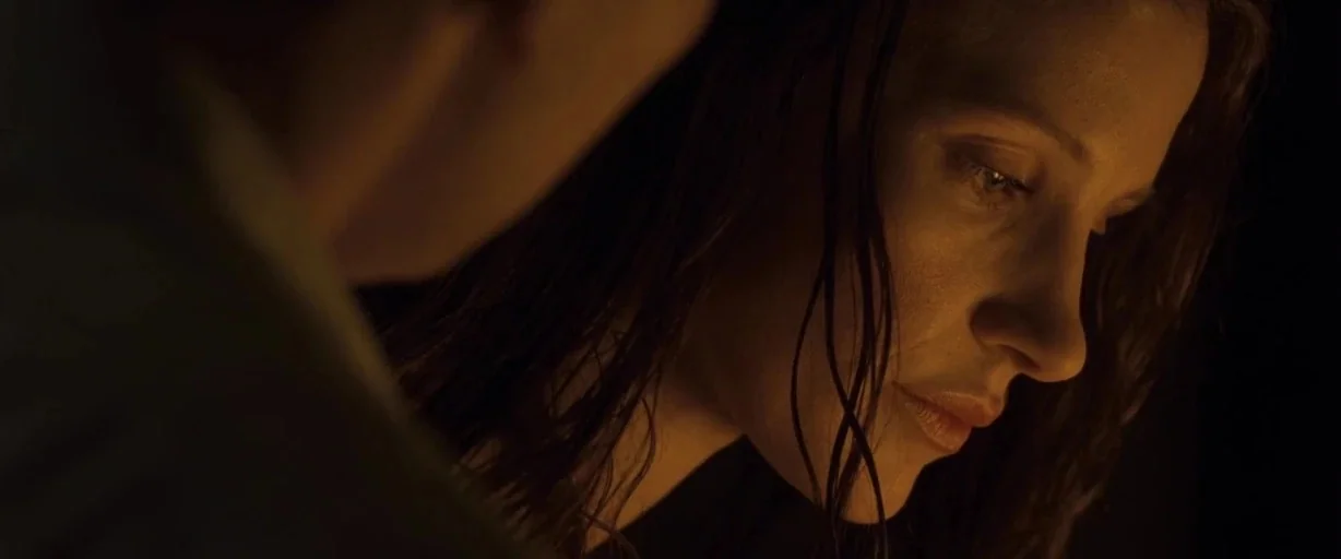 The Debt (2010) movie still: closeup — A dark indoor space where golden light highlights the contours of a woman's face. The woman with wet hair…