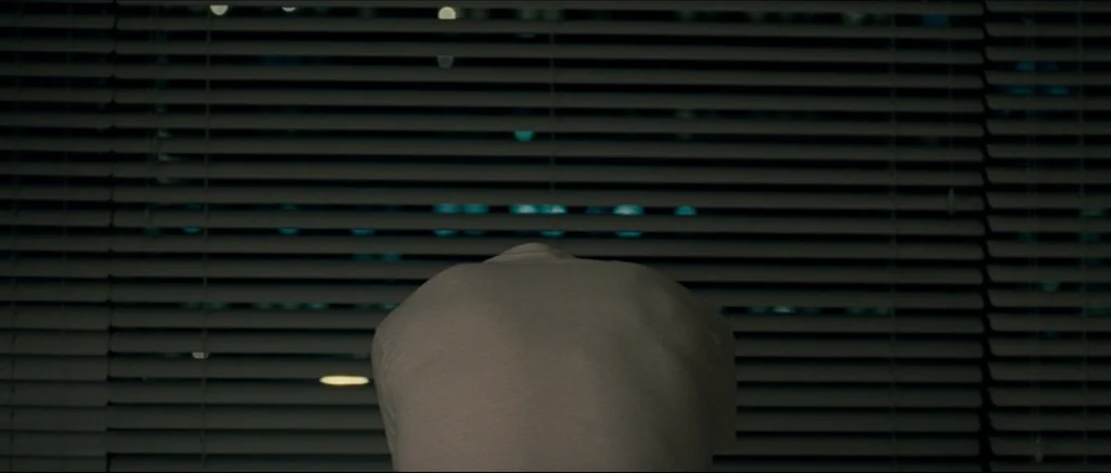 Shame (2011) movie still: medium — A dark, windowed space at night features horizontal blinds pulled shut over the glass. A person faces the blinds…