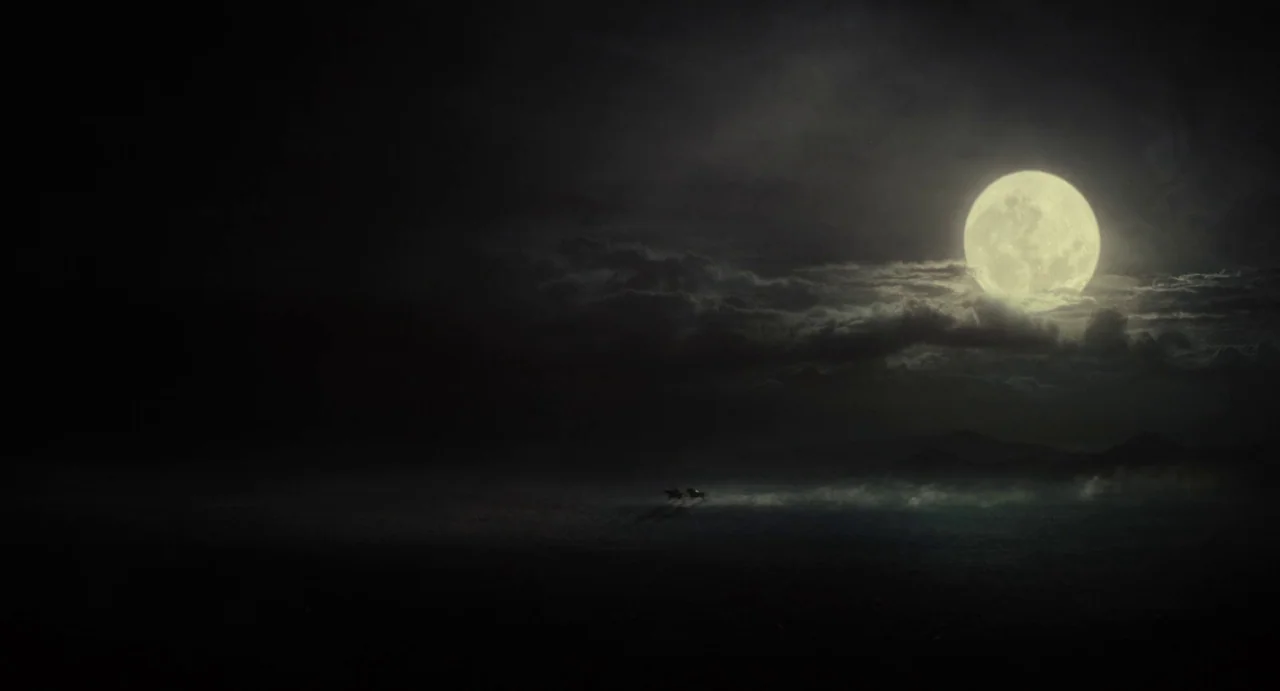 The Immortals (2011) movie still: establishing — A vast, dark, flat landscape extends under a night sky with heavy clouds. A bright full moon glows…