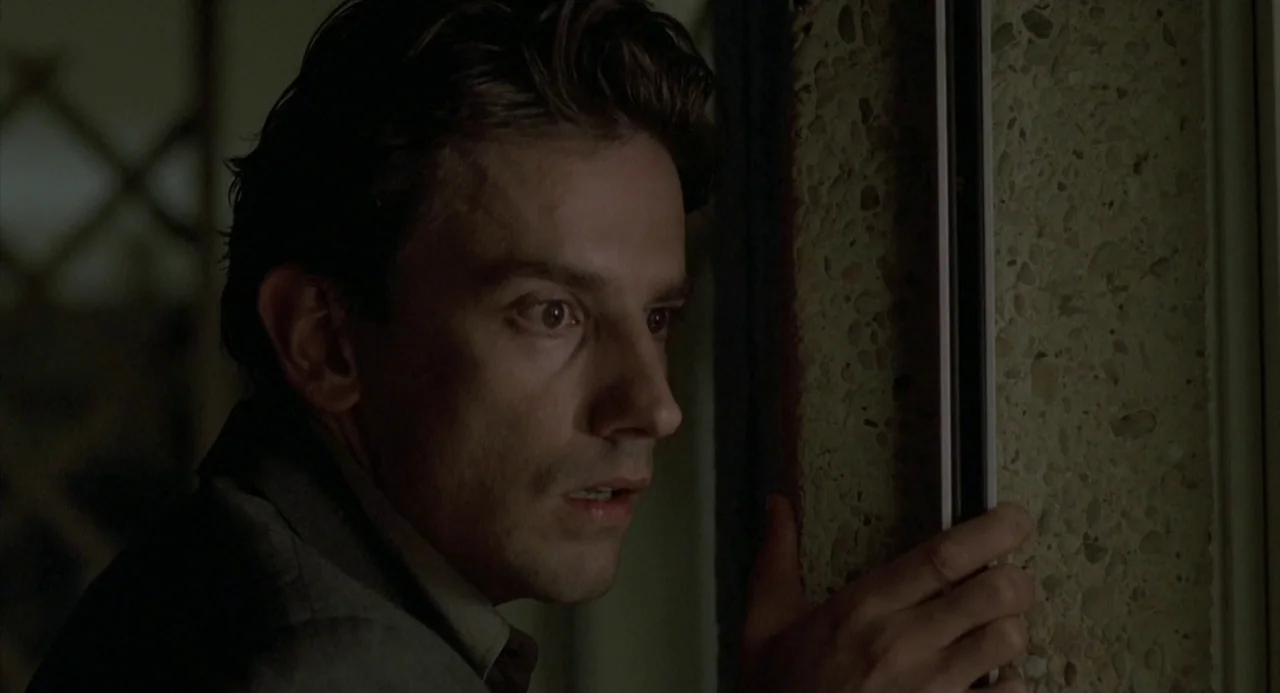 Three Colours: Red (1994) movie still: closeup — A man peers through a gap in a doorway beside a textured stone wall. The dimly lit interior casts…