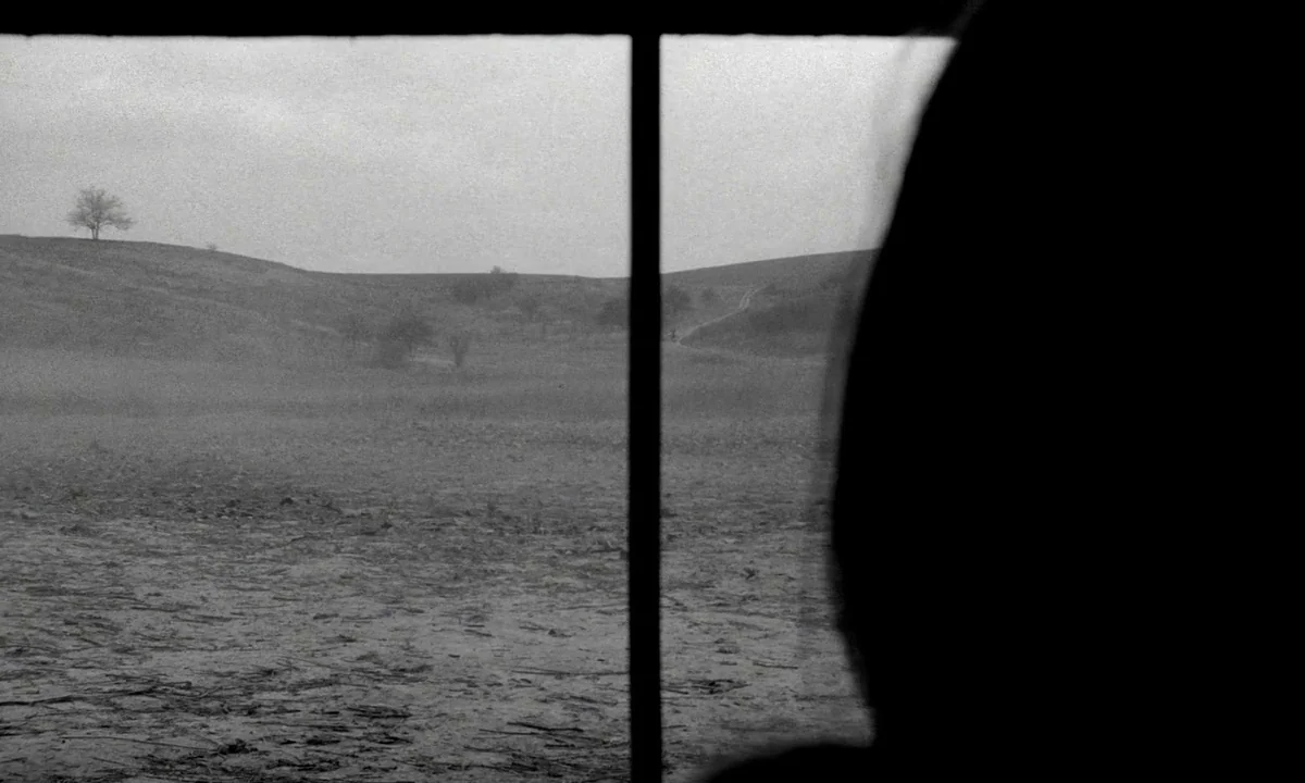 The Turin Horse (2011) movie still: wide — A barren, overcast landscape is viewed from inside a room through a window frame. A dark, out-of-focus…