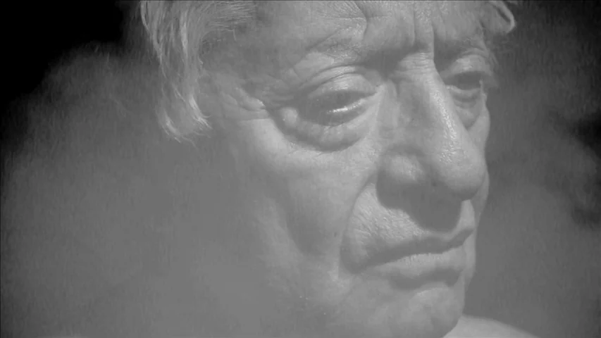 Keyhole (2011) movie still: closeup — A close-up of an elderly man appears through a semi-transparent fog or overlay. The man is looking slightly…