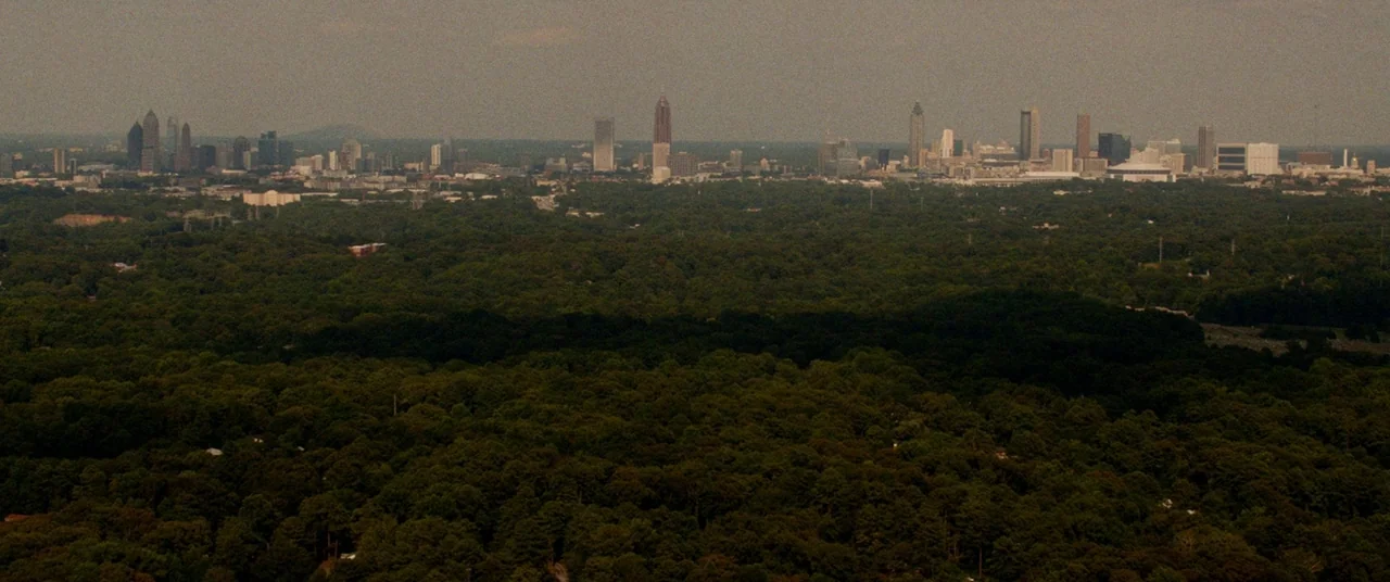 Triple 9 (2016) movie still: establishing — A dense green forest occupies the foreground with a sprawling urban skyline in the distance. The city…