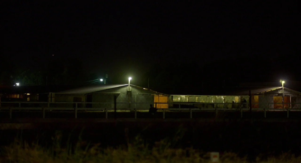 Lean on Pete (2017) movie still: wide — A long, low-profile stable building with stall doors is illuminated by bright outdoor lamps. The structure…
