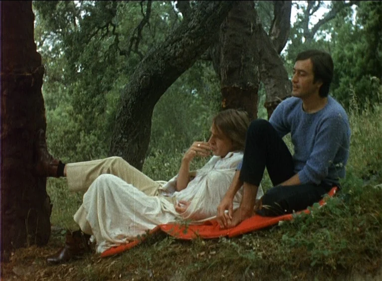La Collectionneuse (1967) movie still: fullbody — Two people sit on a red blanket in a grassy area beneath gnarled oak trees. They rest against the…