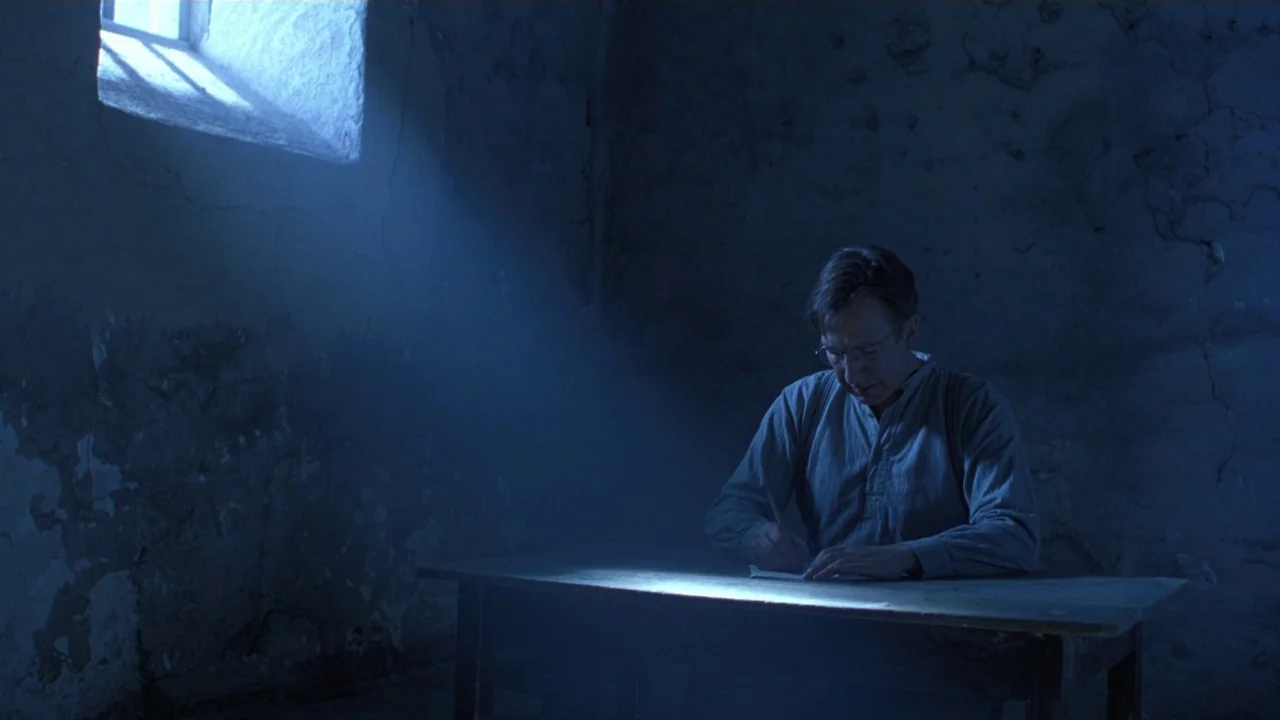 Michael Collins (1996) movie still: medium — A dimly lit stone prison cell features a small high window with peeling walls. A man sits at a simple…