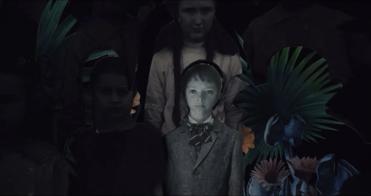 Eye for an Eye (2025) movie still: medium — Multiple human portrait cut-outs are arranged in layers against a black, deep background. A young boy in…