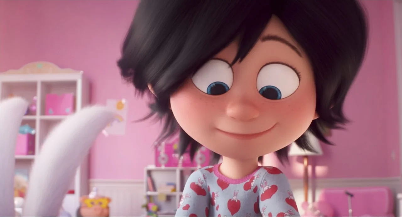 The Secret Life of Pets 2 (2019) movie still: closeup — A girl stands in a bright pink bedroom with a white bookshelf in back. The young girl looks…