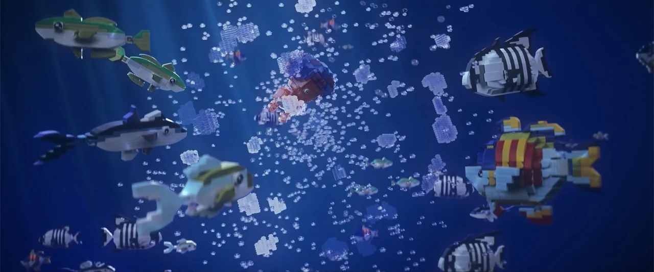 Piece by Piece (2024) movie still: wide — A deep blue underwater environment is filled with numerous small translucent plastic bubbles. Several…